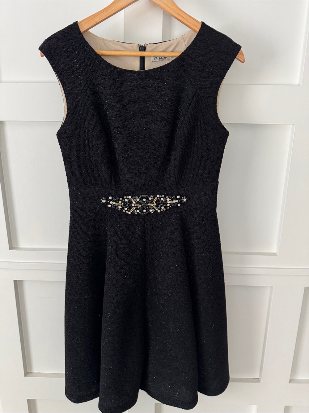 Eliza J Black Beaded-Waist Fit & Flare Dress